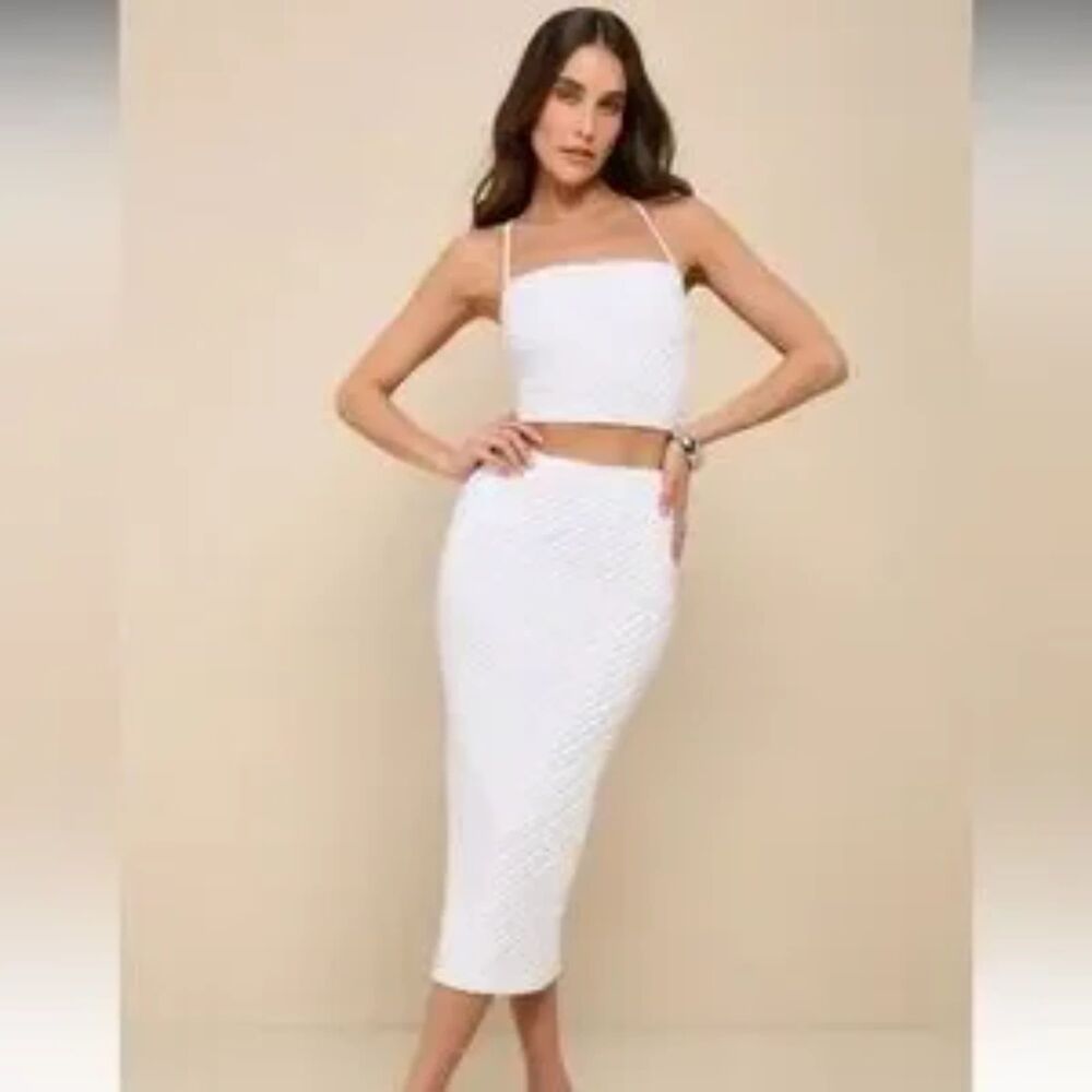 Lulus White Two Piece Crop Top & Midi Skirt Set NWT